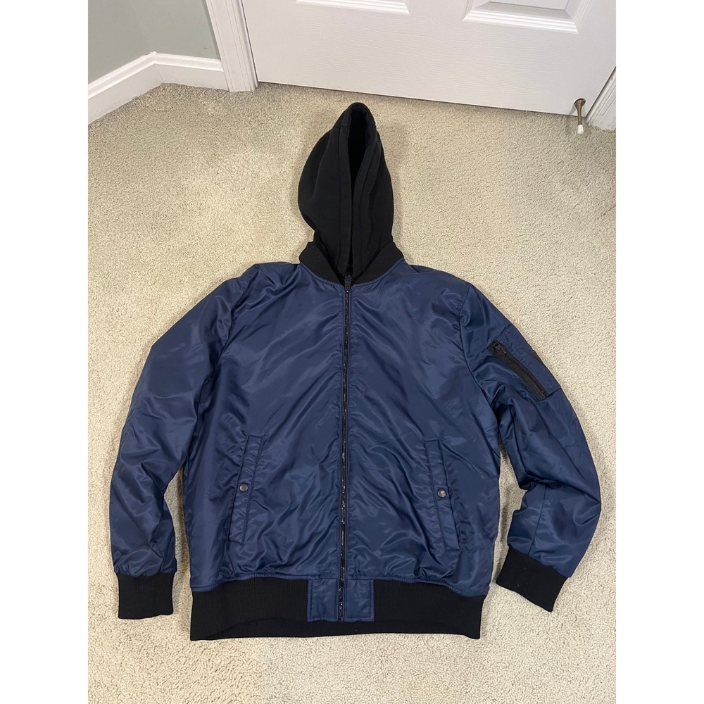 Guess Mens Bomber Jacket Navy Blue Hooded Quilted Jacket XL (IN#55)